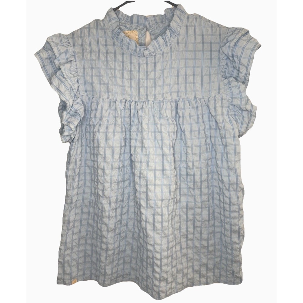 Simply Southern Blouse Womens Large Blue Check Ruffle Sleeve Mock Neck NWT